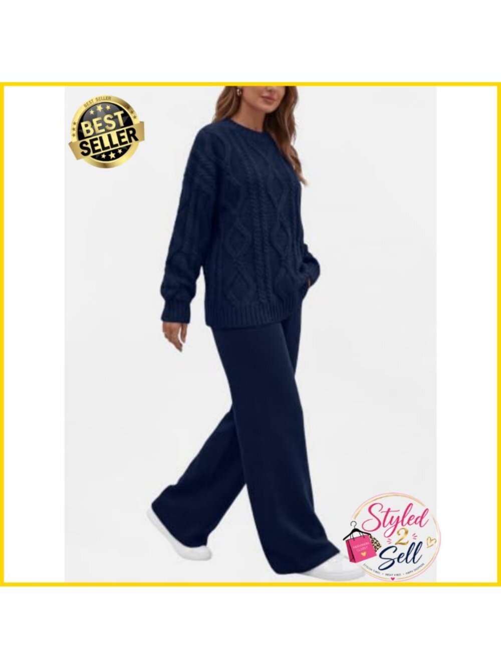 Cable Knit Sweater & Wide Leg Pant 2 Piece Lounge Set Cotton Acrylic